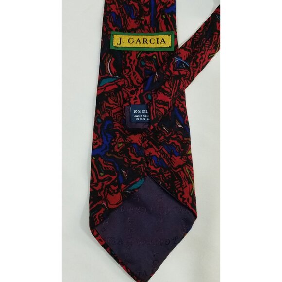 J. Garcia Mens Necktie Abstract Red Blue Silk Tie Hand Sewn In USA - Picture 5 of 8